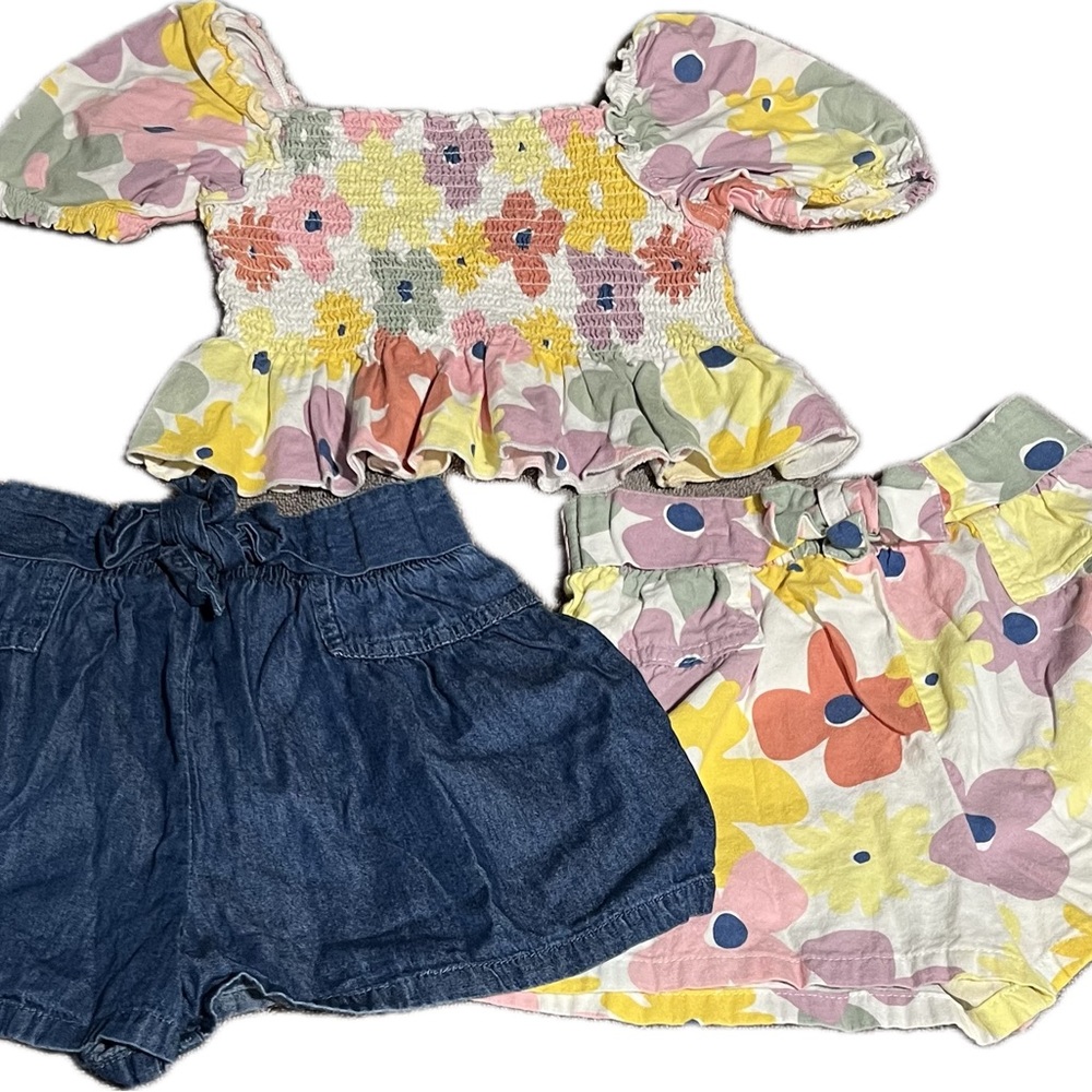 Cute Girls Matching Floral Top Bottom Summer Outfit Set & Denim Short Mix Match